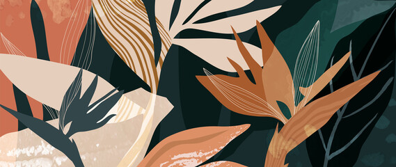 tropical foliage art background vector.digital print design with palm, floral and leaves with waterc