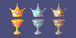 Cartoon crowns and cups for king or queen, royal crowning Monarch headdress and grail goblets. Treasure, game assets, gold, silver and platinum monarchy medieval emperor coronation symbols, vector set