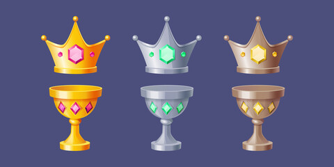 cartoon crowns and cups for king or queen, royal crowning monarch headdress and grail goblets. treas