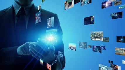 Poster - Young man watching movies with a smart phone. Internet movie. Video distribution service. Streaming video. 