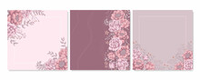 Set Of Square Background With Pink Roses, Peonies And Grey Leaves. Banners Template With Floral Motif. Place For Text. Hand Drawn Vector Illustration Of Flower.