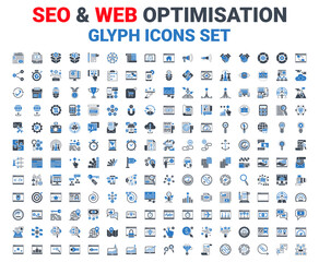 SEO Glyph Icons Set. Glyph Blue Icons Set of Search Engine Optimization, Website and APP Design and Development. Simple Glyph Pictogram Pack. Logo Concept, Web Graphic