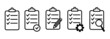 © Olha - Clipboard icon. Checklist with gear, checkmarks, magnifier and pencil. Quality check line sign. Check List flat line icon. Form icon. Clipboard with gear technical support check list EPS 10