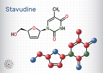 Sticker - Stavudine, d4T molecule. It is dideoxynucleoside used in the treatment of HIV infection and acquired immunodeficiency syndrome. Sheet of paper in a cage. Vector illustration