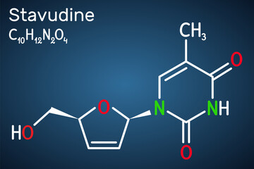 Poster - Stavudine, d4T molecule. It is dideoxynucleoside used in the treatment of HIV infection and acquired immunodeficiency syndrome AIDS. Structural chemical formula on the dark blue background