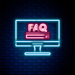 Poster - glowing neon line computer monitor with text faq information icon isolated on brick wall background.
