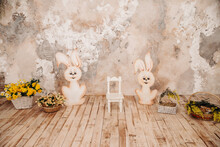 Easter Spring Background With Bunny And Flowers 