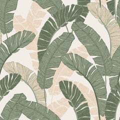 Wall Mural - Green tropical leaves drawing seamless pattern.