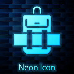 Poster - Glowing neon Hiking backpack icon isolated on brick wall background. Camping and mountain exploring backpack. Vector