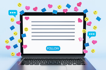 Poster - Close up of white laptop with colorful social media icons on light background. Communication, follow and connection concept. 3D Rendering.
