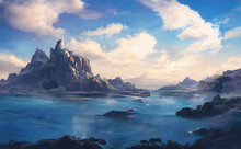 Sea Bay Fantasy Mountain Landscape. A Big Blue Lake In The Middle Of The Mountains. Fabulous Nature, Amazing Seascape. Illustration