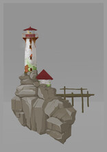 Abstract Landscape On A Gray Background. Old Lighthouse With A Red Roof On The Rocks.For Needlework,decoration,packaging,postcards,posters,stationery,covers.