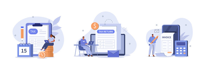 Poster - tax declaration illustration set. characters preparing documents for tax calculation, making income 