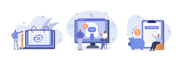 Poster - taxes illustration set. character consulting with financial advisor, preparing and sending online ta