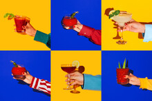 Collage Made Of Images With Female Hands Holding Glasses With Different Alcoholic Drinks And Cocktails On Bright Colors Background. Vintage, Retso Style