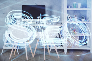 Aufkleber - Double exposure of SEO drawing and office interior background. Concept of Search optimization engine.
