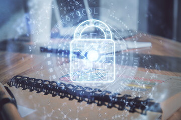Aufkleber - Multi exposure of lock drawings and desk with open notebook background. Concept of security
