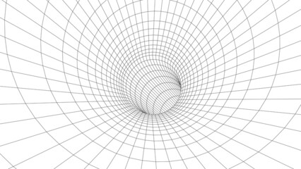 Fototapete - Curved wireframe abstract tunnel. 3D vector wormhole with a mesh structure. Vortex. Vector perspective grid.