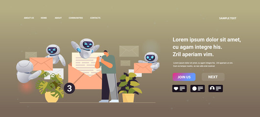 Poster - businessman with chatbots sending or receiving letters on smartphone email inbox message notification new unread mail