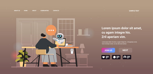 Poster - businesswoman discussing with chatbot robot on laptop screen online communication artificial intelligence technology