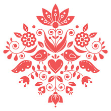 Scandianvian Traditional Folk Art Vector Design With Flowers And Birds, Inspired By Traditional Embroidery Patterns From Sweden In Strawberry Red 

