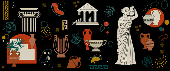 A set of antique ancient Greek statues, jugs, amphorae, vases and column capitals. Vector abstract background with elements of Greek ornament.