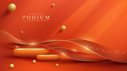Wall Mural - Orange product display podium with golden curve line and 3d ball elements with bokeh decoration and glitter light effect.