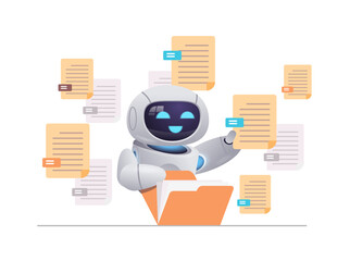 Poster - robot sorting documents robotic character organizing folder file management paperwork data archive artificial intelligence