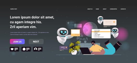 Poster - man with robots helpers choosing influencers in search bar on laptop screen social media influencer 