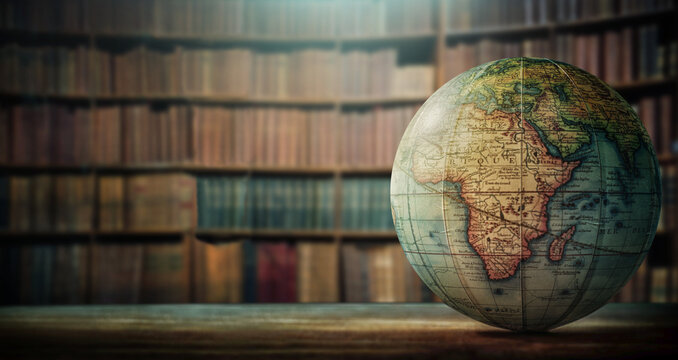 Wall Mural - An old globe with Africa on the table against the background of bookcases. Concept on the topic of history, science, culture, education.
