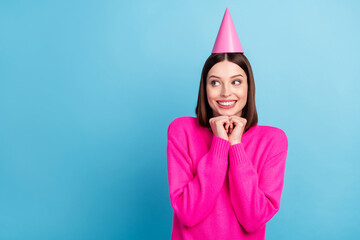 Wall Mural - Photo portrait woman wearing birthday cap excited looking copyspace isolated pastel blue color background