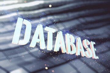 Poster - Double exposure of creative Database word hologram on blurry metal background, research and development concept