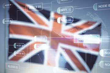 Poster - Abstract virtual coding concept and world map hologram on flag of Great Britain and sunset sky background. Multiexposure