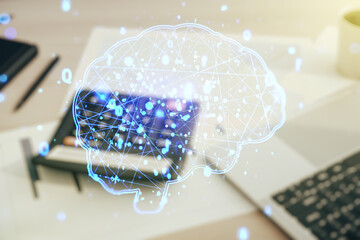 Poster - Double exposure of creative human brain microcircuit hologram on calculator and pc background. Future technology and AI concept