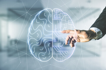 Aufkleber - Man hand working with virtual creative artificial Intelligence hologram with human brain sketch on blurred office background. Multiexposure
