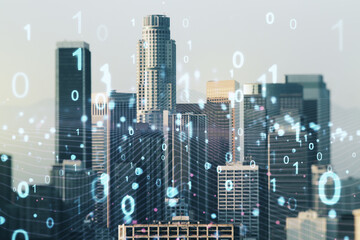 Leinwandbilder - Abstract virtual binary code illustration on Los Angeles skyline background. Big data and coding concept. Multiexposure