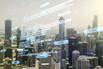 Poster - Double exposure of abstract creative programming illustration on Chicago office buildings background, big data and blockchain concept