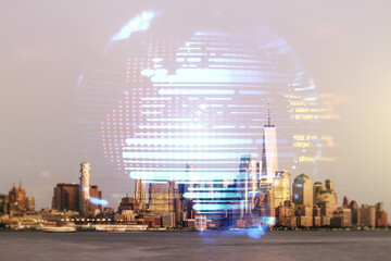 Poster - Multi exposure of abstract graphic coding sketch and world map on Manhattan cityscape background, big data and networking concept