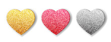 Glitter Hearts Set. Valentine's Day Card Design. Pink, Silver And Golden Heart Shapes.
