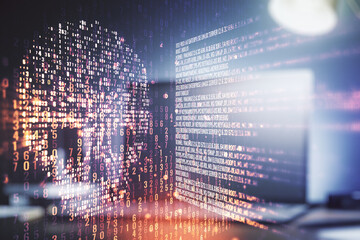 Poster - Creative code skull sketch on modern laptop background, theft of personal data and malware concept. Multiexposure