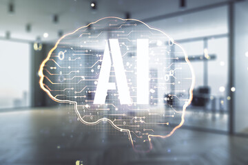 Aufkleber - Double exposure of creative human brain microcircuit hologram on a modern furnished office interior background. Future technology and AI concept