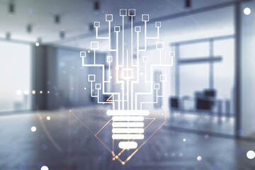 Aufkleber - Virtual creative light bulb with chip hologram on a modern furnished office interior background, artificial Intelligence and neural networks concept. Multiexposure