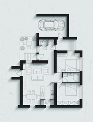 Floor plan of house, on paper background with shadows.