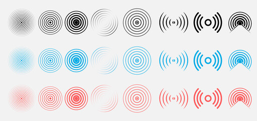 Radio station signal. Radio signal background. Red rings. Pain circle. Symbol of pain. Blue rings sound wave. Radar screen concentric circles elements. Vector illustration