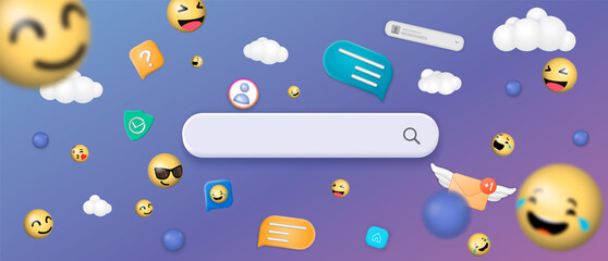 Poster - Search bar surrounded with floating yellow emoji emoticon face elements. Searching web and internet concept. 3d vector illustration