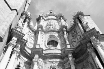 Sticker - Valencia Cathedral. Black and white vintage style.