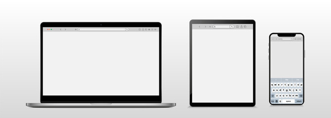 browser mockups. website different devices web window mobile screen internet flat template empty pag