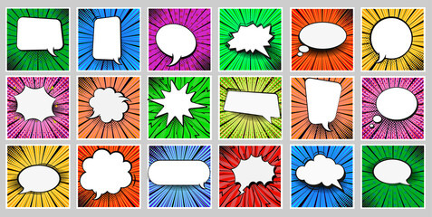 Retro comic empty speech bubbles set on colorful background. Vector illustration, vintage design, pop art style