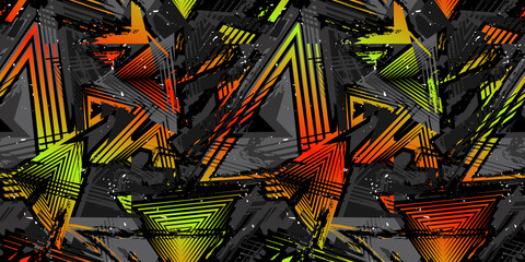 Wall Mural - Vector abstract seamless grunge pattern. Urban art texture with neon shapes, brush strokes, ink elements. Grungy geometric graffiti style background. Design for boys and girls, sport textile, clothes