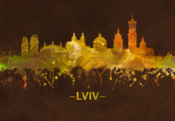 Fototapete - Lviv Ukraine skyline Black and Gold